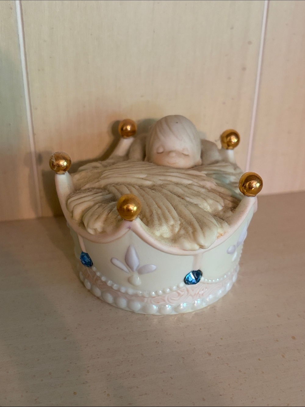 Precious Moments Crown Trinket Box with Gold Accents and Blue Jewels